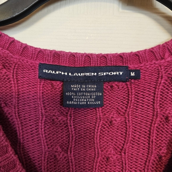 Ralph Lauren Sport Cable Knit Magenta Y2K V-Neck Logo Sweater Preppy - Picture 3 of 5
